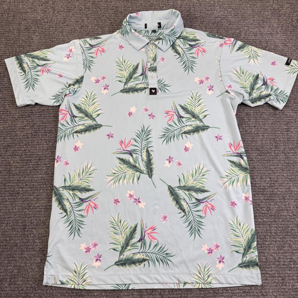 Bad Birdie Polo Shirt Mens Medium Blue Tropical Floral Golf Performance Stretch